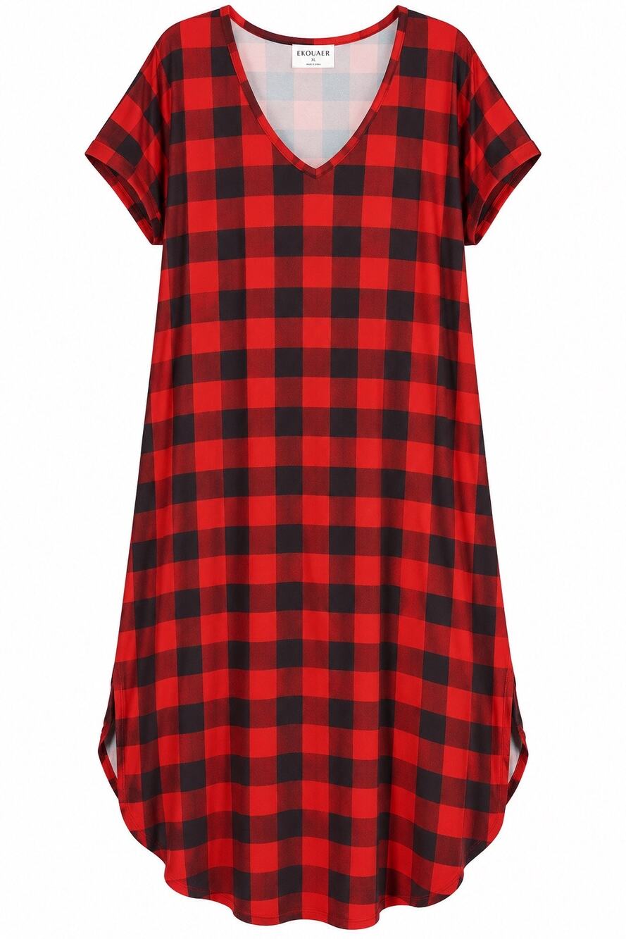 Ekouaer Sleepwear Red & Black Buffalo Plaid Maxi T-Shirt Dress – Size XL